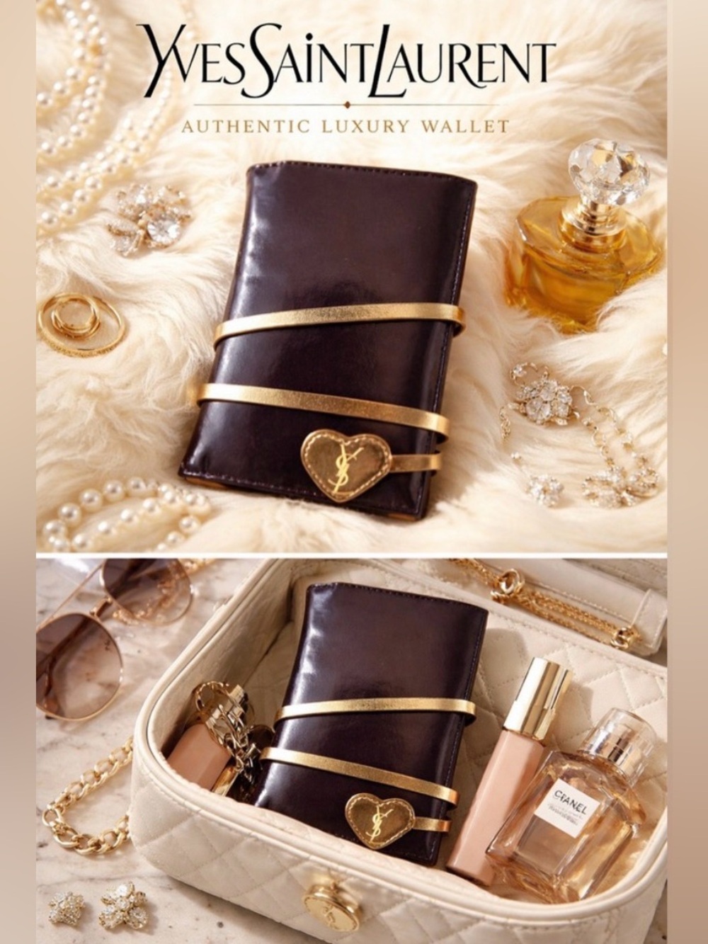 Yves Saint Laurent, YSL, Authentic Black Wallet with Gold Heart Strap Closure